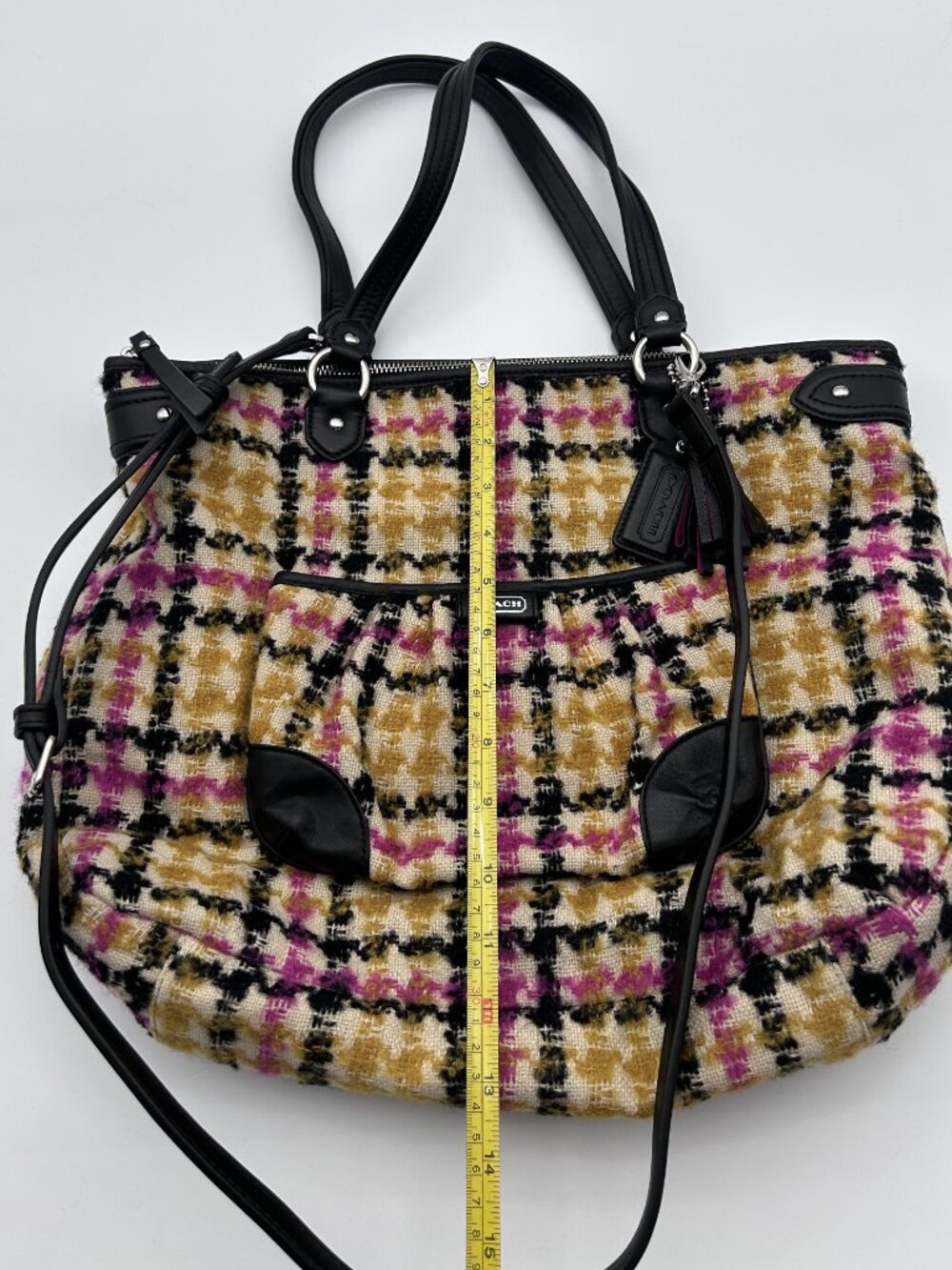Coach Ashley Plaid Wool Carryall Satchel Bag Pink Yellow Houndstooth 14845 - Picture 11 of 13
